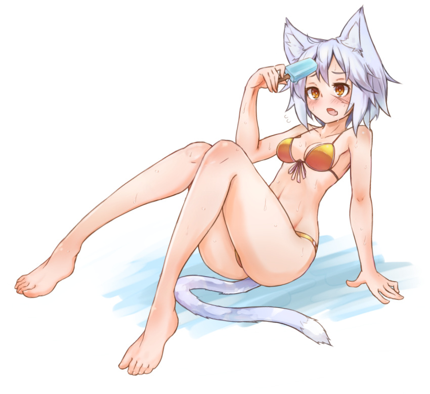 1girl, animal_ears, barefoot, blue_hair, blush, breasts, cat_ears, cat_tail