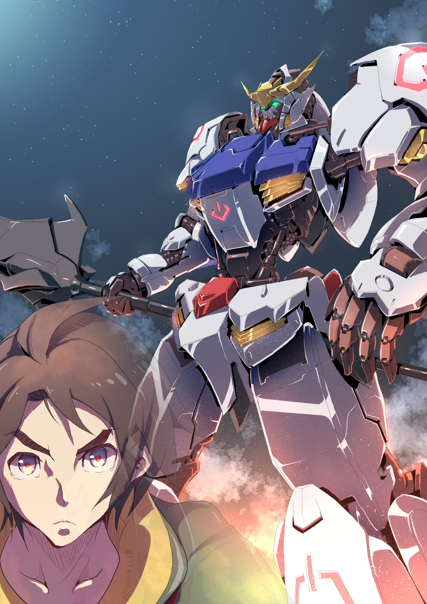 1boy, black_eyes, black_hair, green_eyes, gundam, gundam_barbatos, gundam_iron-blooded_orphans, highres