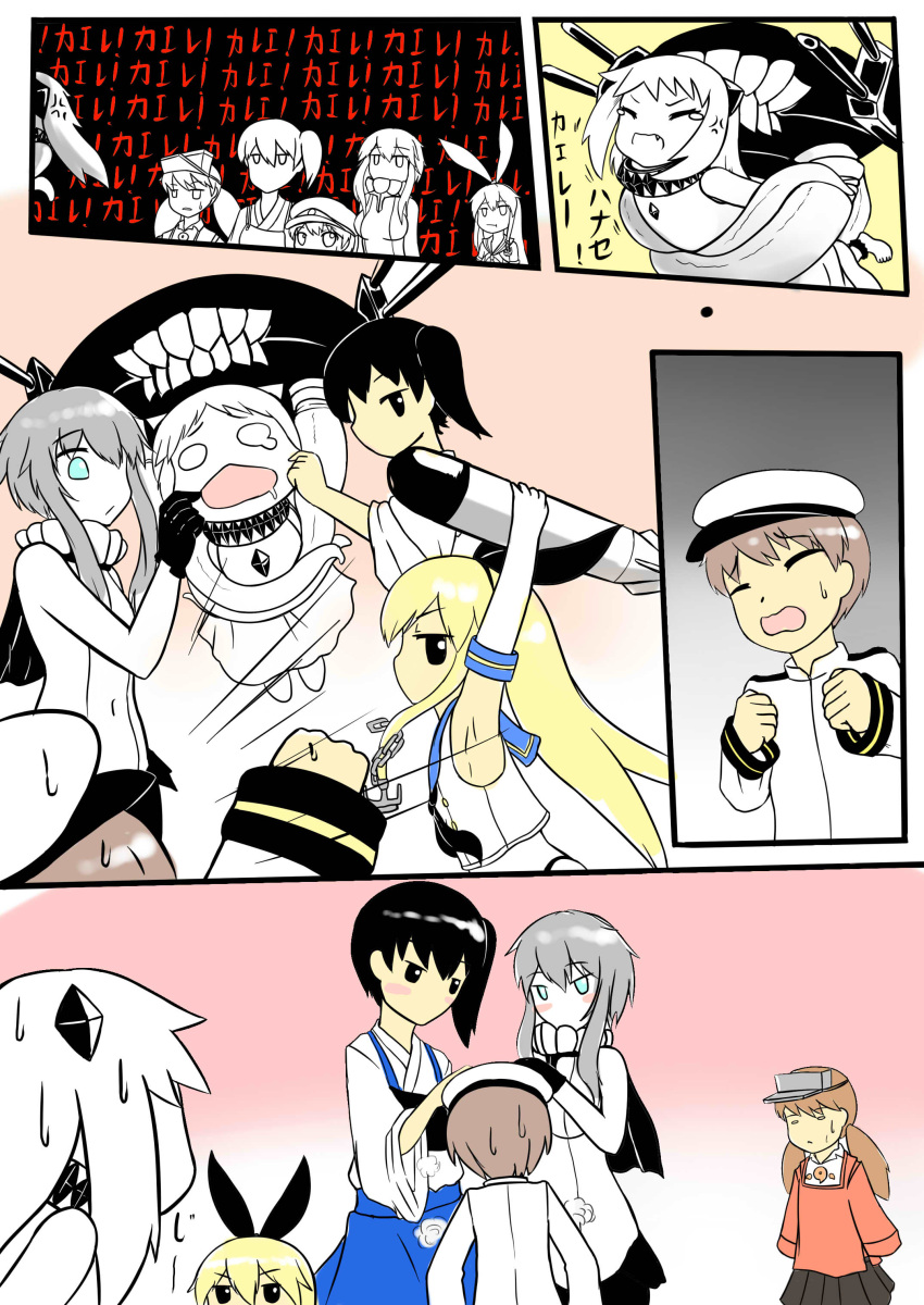 1boy, 5girls, absurdres, black_hair, blonde_hair, blue_eyes, blush, bodysuit