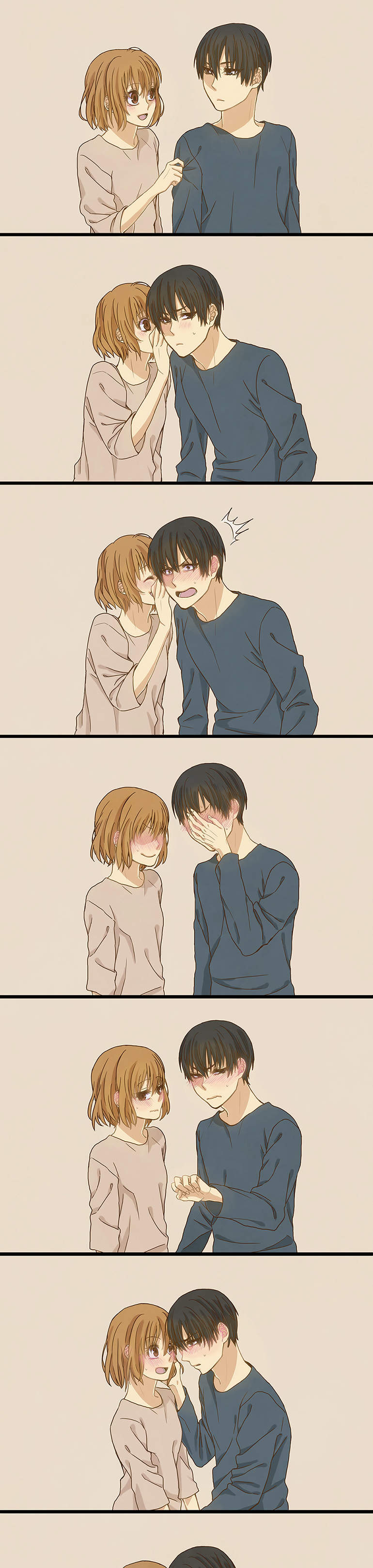 1boy, 1girl, absurdres, black_eyes, black_hair, blush, brown_hair, closed_eyes