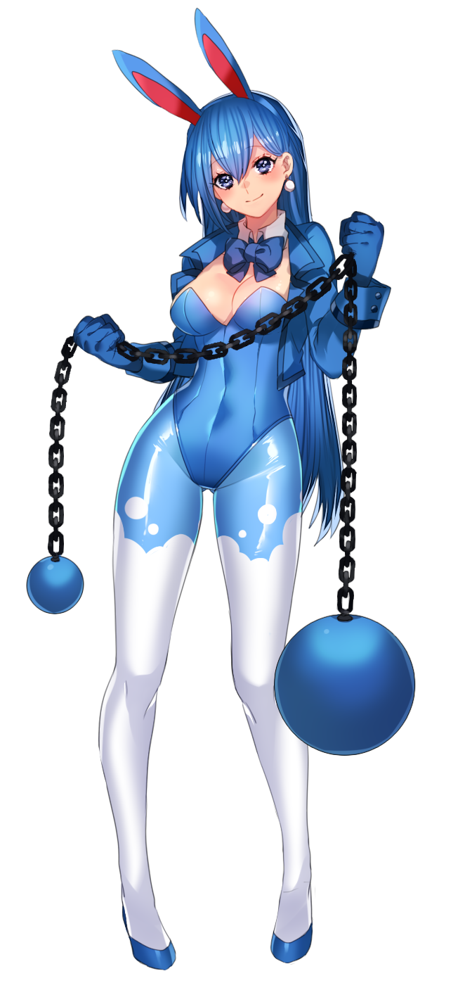 1girl, animal_ears, azumarill, blue_eyes, blue_hair, bunny_girl, bunnysuit, flail, highres, katagiri_hachigou, long_hair, pantyhose, personification, pokemon, rabbit_ears, simple_background, solo, weapon