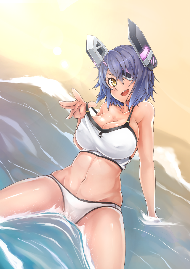 1girl, bikini, eyepatch, ginto, headgear, kantai_collection, purple_hair, short_hair