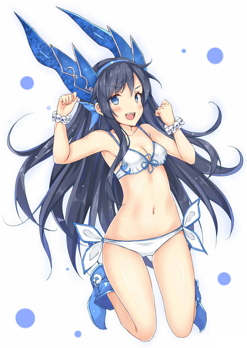 1girl, bikini, black_hair, blue_eyes, fuuma_(humawww), horns, karin_(p&amp;d), long_hair