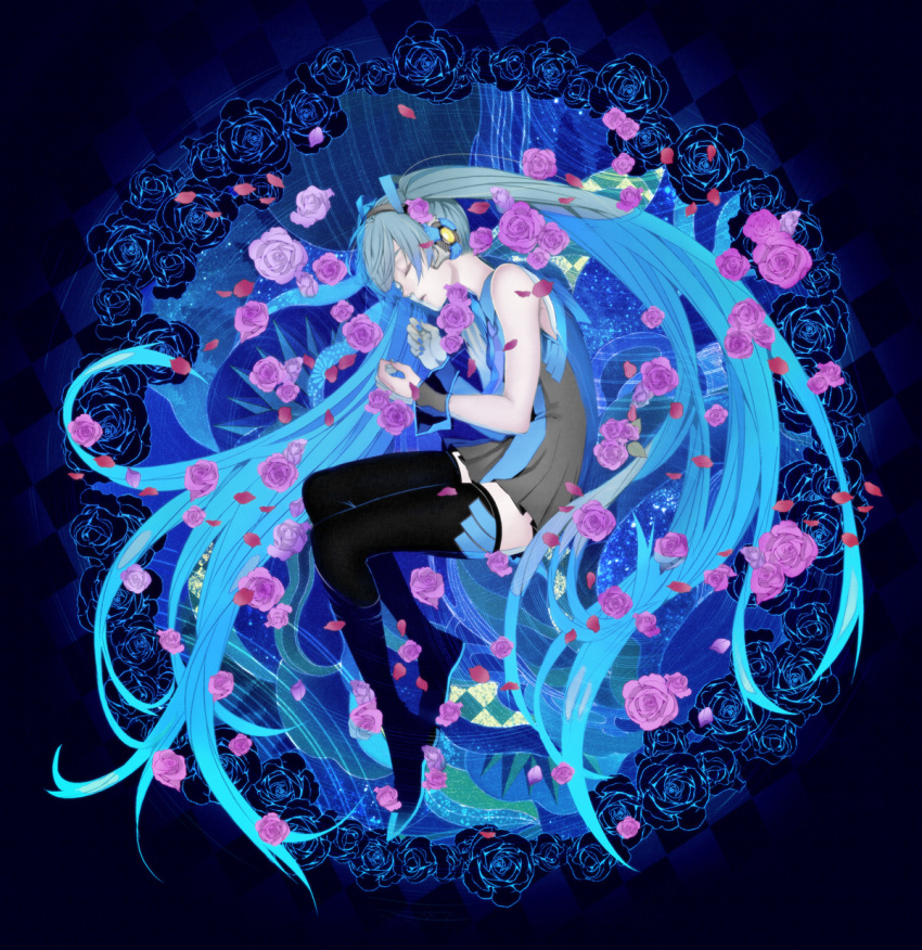 1girl, amazake_(minidora373), blue_hair, boots, flower, hatsune_miku, highres, lying, on_side, petals, rose, shirt, skirt, sleeping, sleeveless, sleeveless_shirt, solo, twintails, vocaloid