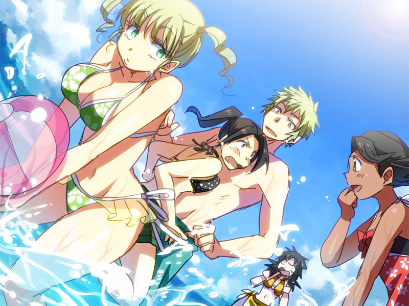 1boy, 3girls, adamas, ball, beachball, bikini, black_hair, blonde_hair