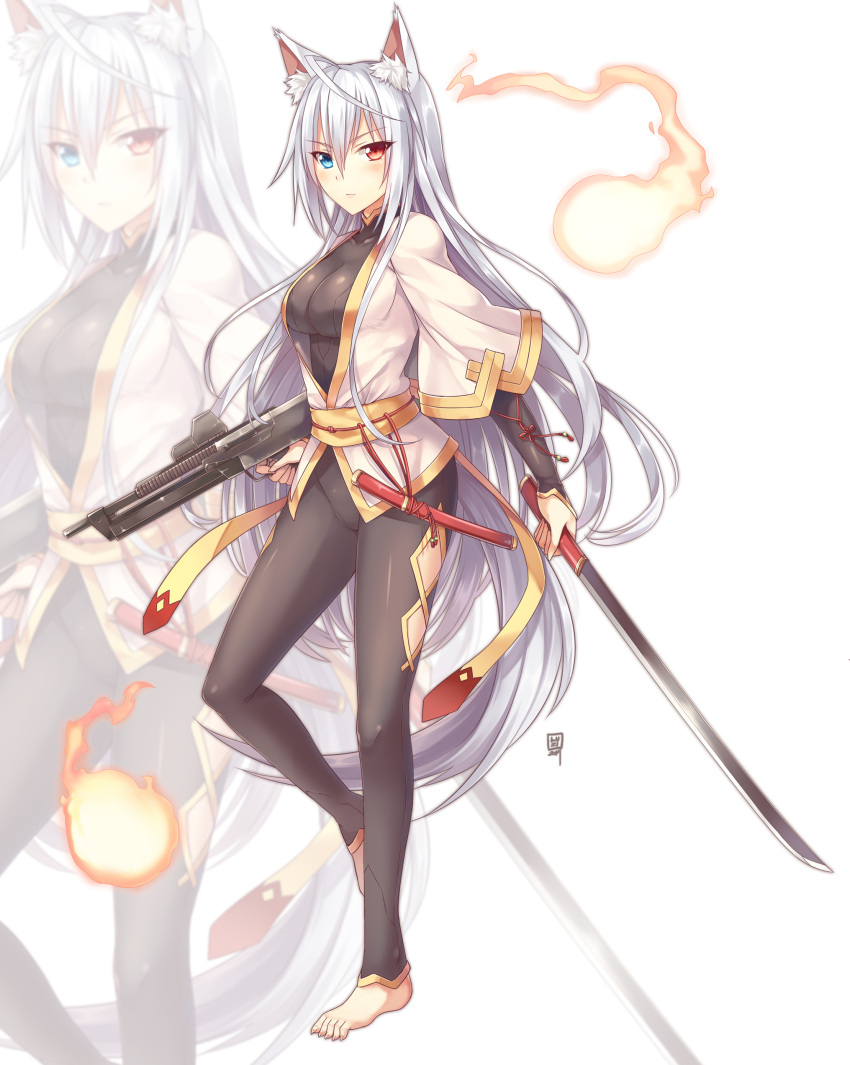 1girl, absurdres, animal_ears, artist_request, assault_rifle, barefoot, blush, bodysuit