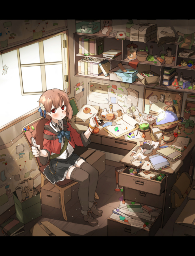 1girl, alchemist, alchemy, amonitto, bag, bangs, black_legwear, black_skirt