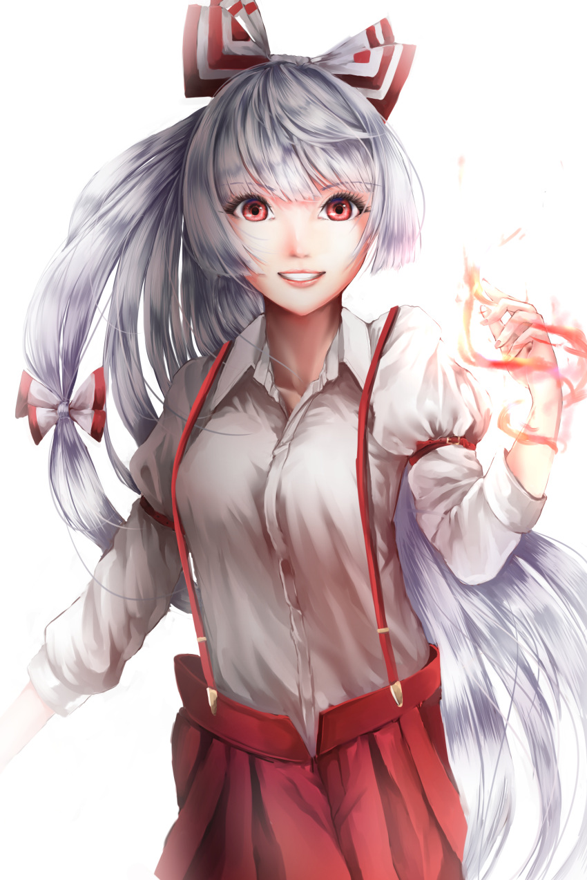 1girl, absurdres, bow, fujiwara_no_mokou, hair_bow, hair_ribbon, highres, juliet_sleeves