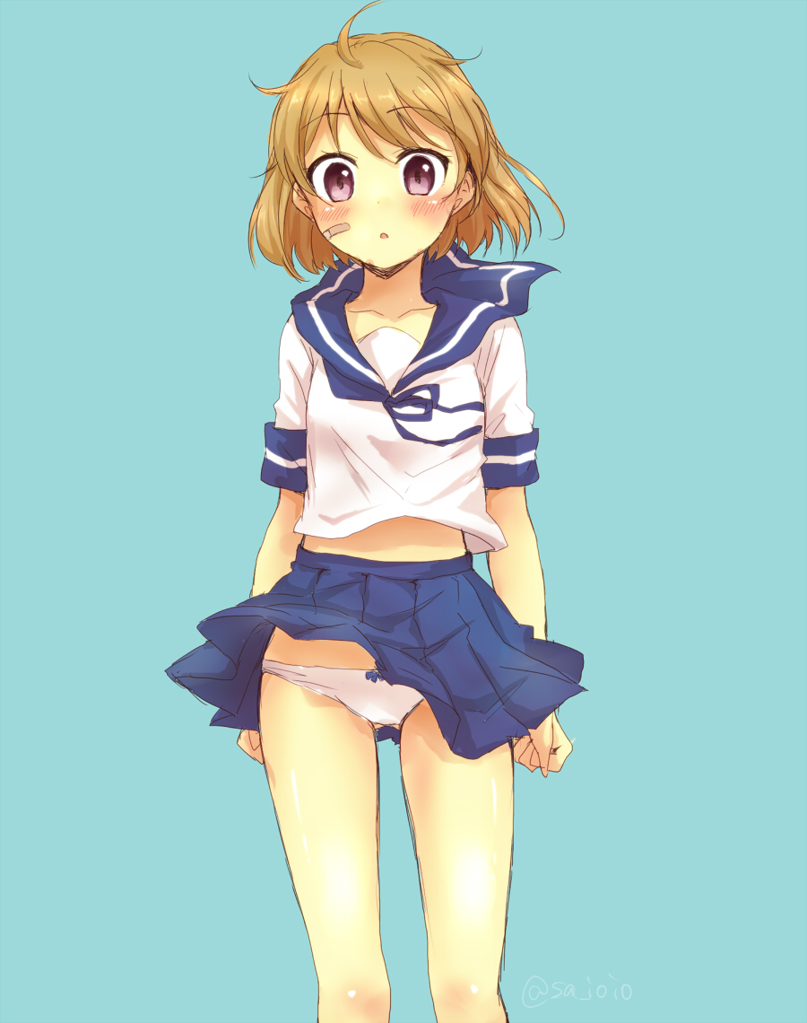 1girl, ahoge, artist_name, bandaid, bandaid_on_face, blonde_hair, blue_background, clenched_hand