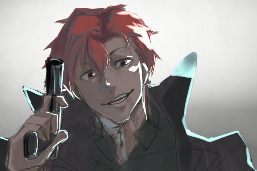 1boy, avvo_(ekireikirei), baccano!, character_name, claire_stanfield, face, grin, gun