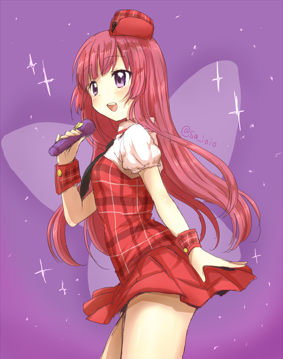 1girl, character_request, copyright_request, highres, long_hair, microphone, open_mouth, plaid