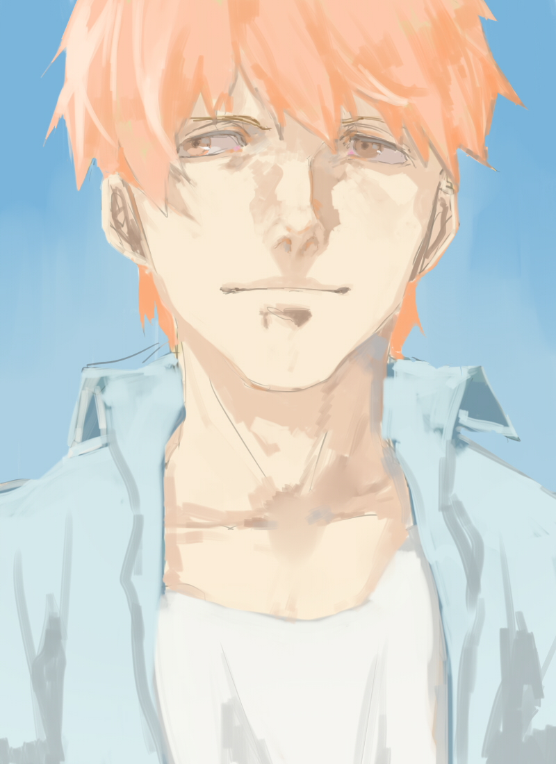 1boy, avvo_(ekireikirei), bleach, kurosaki_ichigo, looking_away, orange_hair, sketch, smile