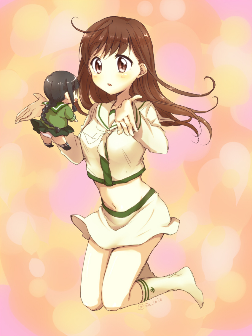2girls, black_hair, black_legwear, braid, brown_eyes, brown_hair, highres, kantai_collection