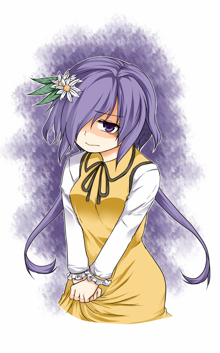 1girl, dress, dress_grab, flower, hair_flower, hair_ornament, hair_over_one_eye, highres