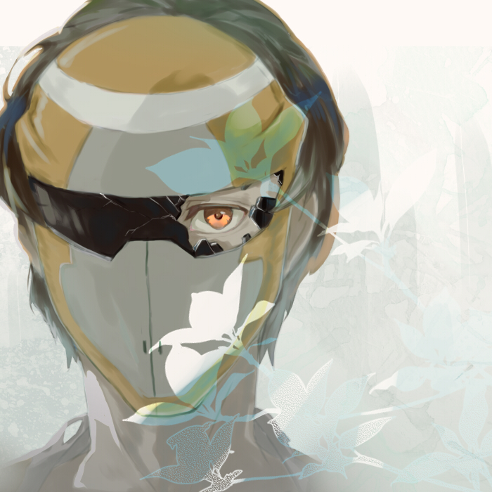 1boy, avvo_(ekireikirei), brown_eyes, damaged, face, flower, glowing, glowing_eyes, looking_at_viewer, mask, solo, twelve_(zankyou_no_terror), zankyou_no_terror