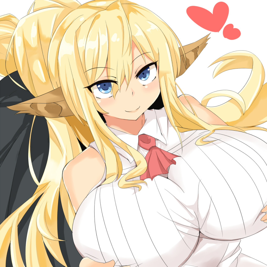 1girl, animal_ears, blonde_hair, blue_eyes, breasts, centaur, centorea_shianus, heart