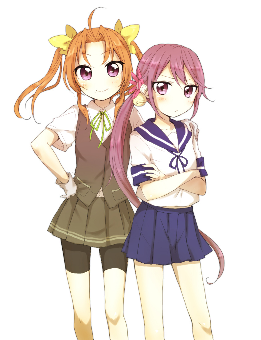 2girls, akebono_(kantai_collection), bell, blue_skirt, brown_hair, closed_mouth, crossed_arms, flower