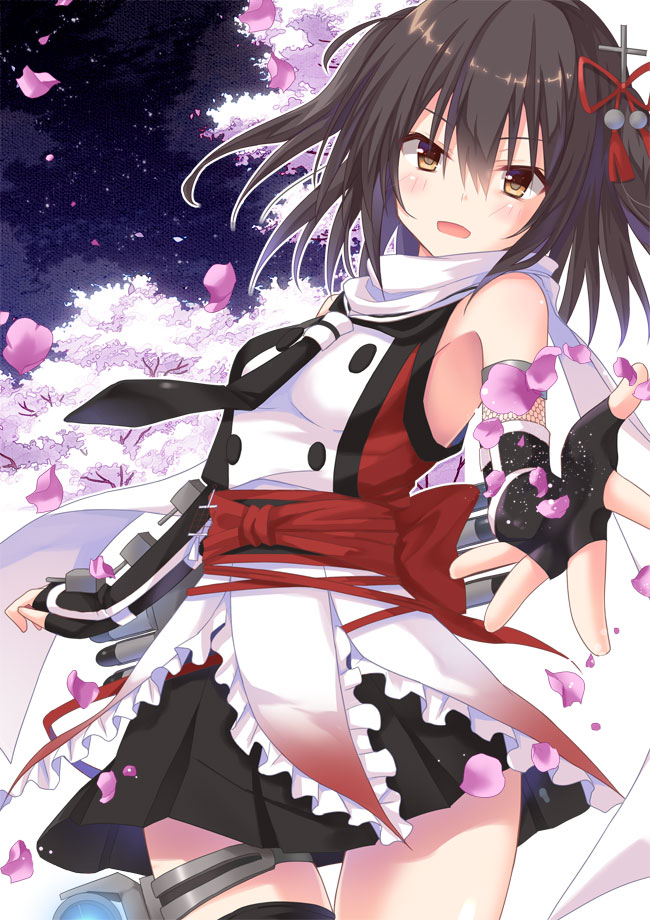 1girl, bare_shoulders, black_gloves, black_skirt, blush, brown_eyes, brown_hair, cherry_blossoms