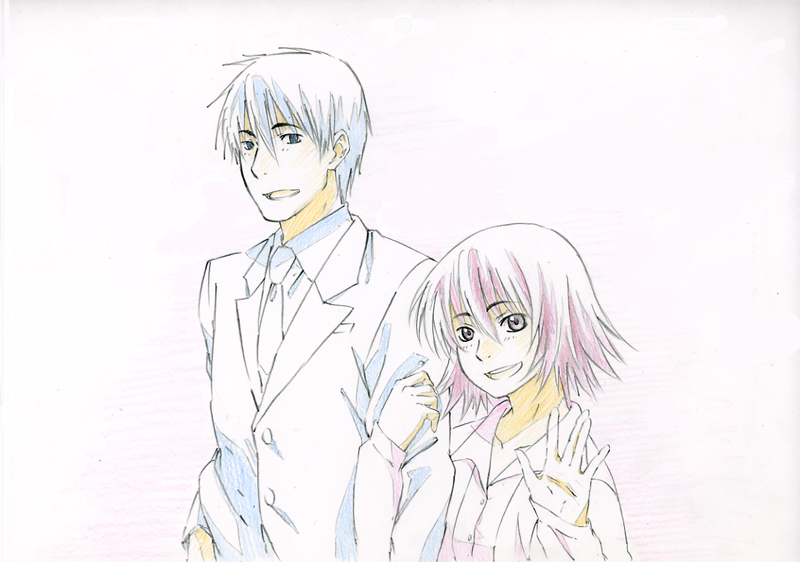 1boy, 1girl, colored_pencil_(medium), formal, locked_arms, monochrome, necktie, nonaka_haru