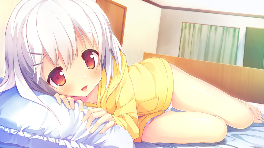 1girl, bed, blush, game_cg, happy, highres, looking_at_viewer, love_rec.
