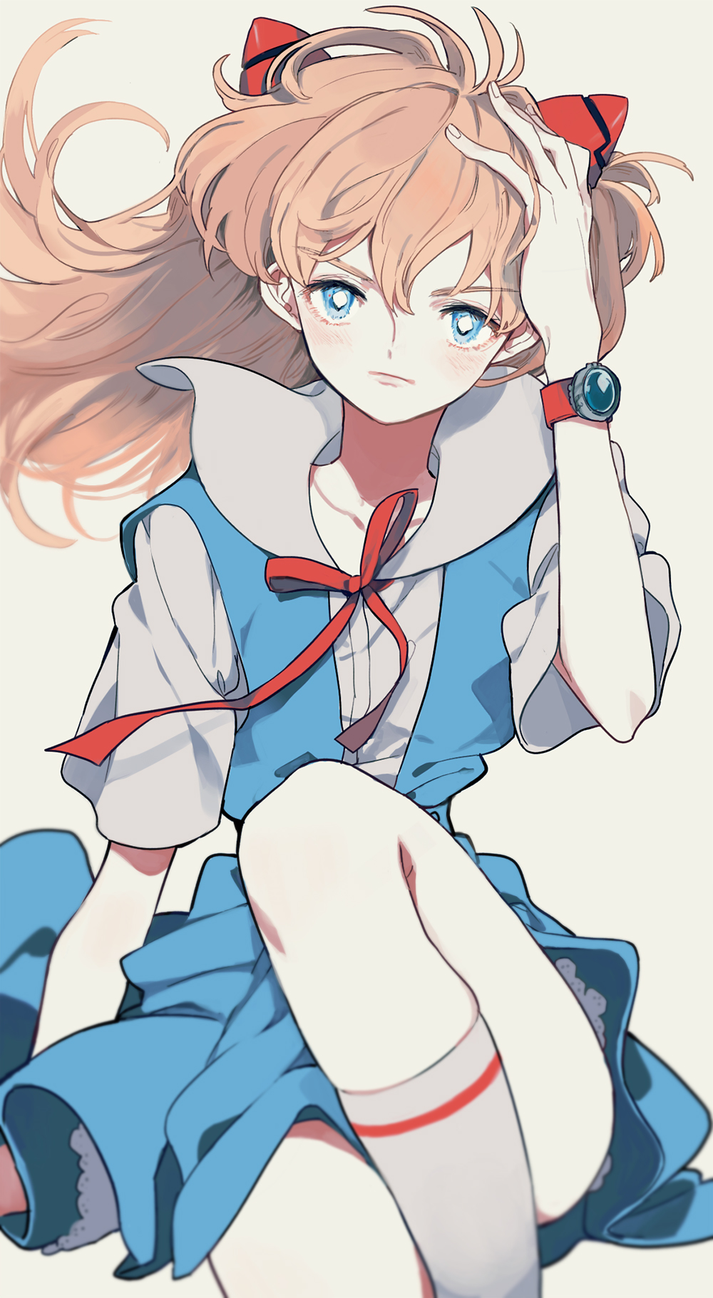 1girl, blue_eyes, hair_ornament, hand_on_own_head, highres, long_hair, neon_genesis_evangelion, orange_hair