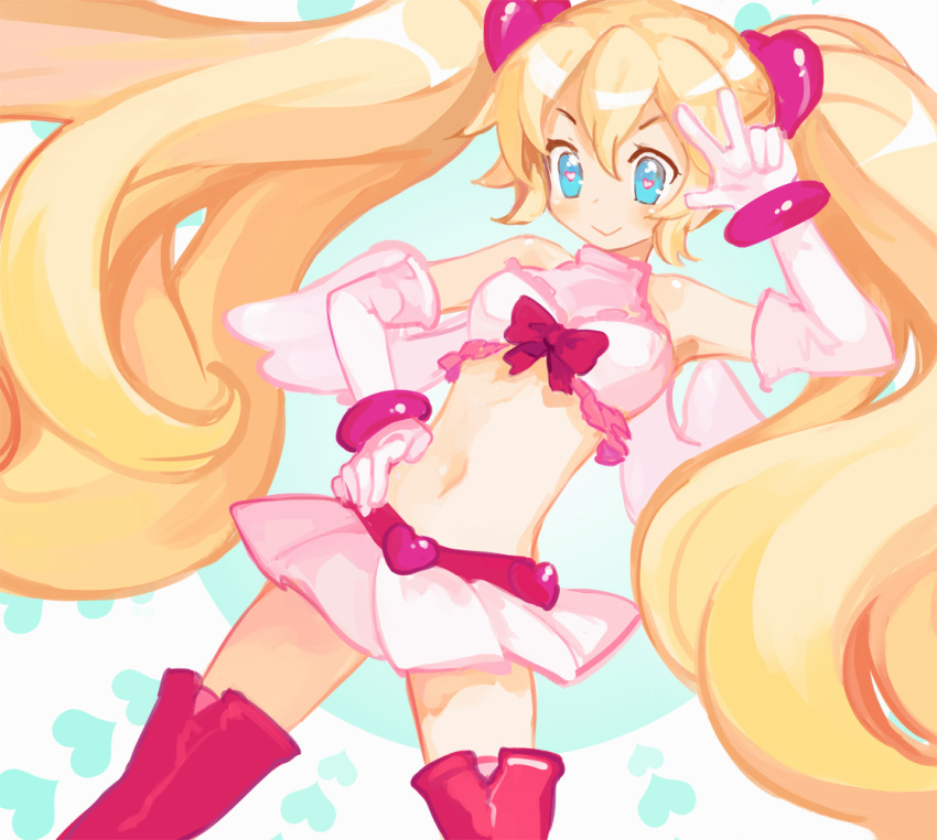 1girl, blonde_hair, blue_eyes, bracelet, crop_top, disgaea, disgaea_d2, elbow_gloves, flonne, gloves, heart, heart-shaped_pupils, jewelry, k_(sktchblg), long_hair, magical_girl, midriff, multicolored_eyes, navel, pink_eyes, pink_legwear, pure_flonne, skirt, smile, solo, symbol-shaped_pupils, thigh-highs, twintails, v, white_gloves, white_skirt, wings