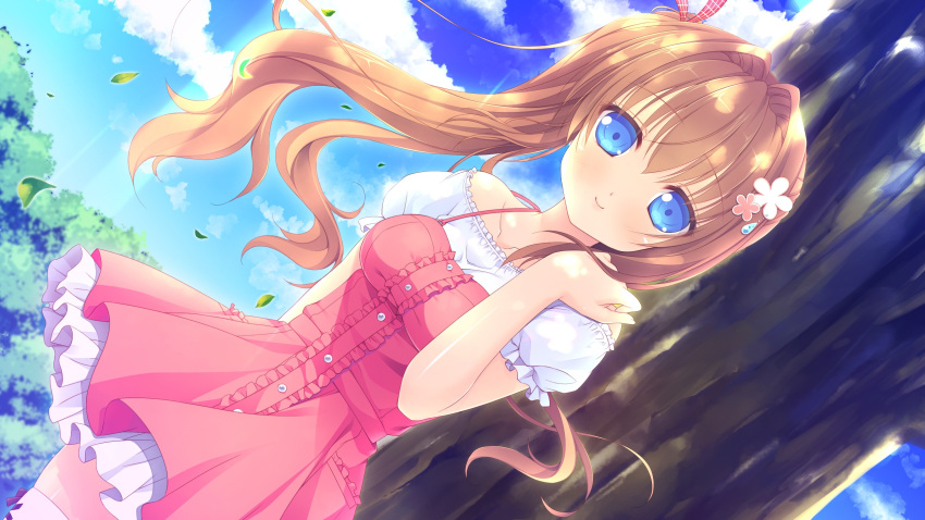1girl, blue_eyes, dress, game_cg, highres, long_hair, love_rec., narumi_yuu_(bunbukudou), orange_hair, ponytail, smile, yashinaga_chiho