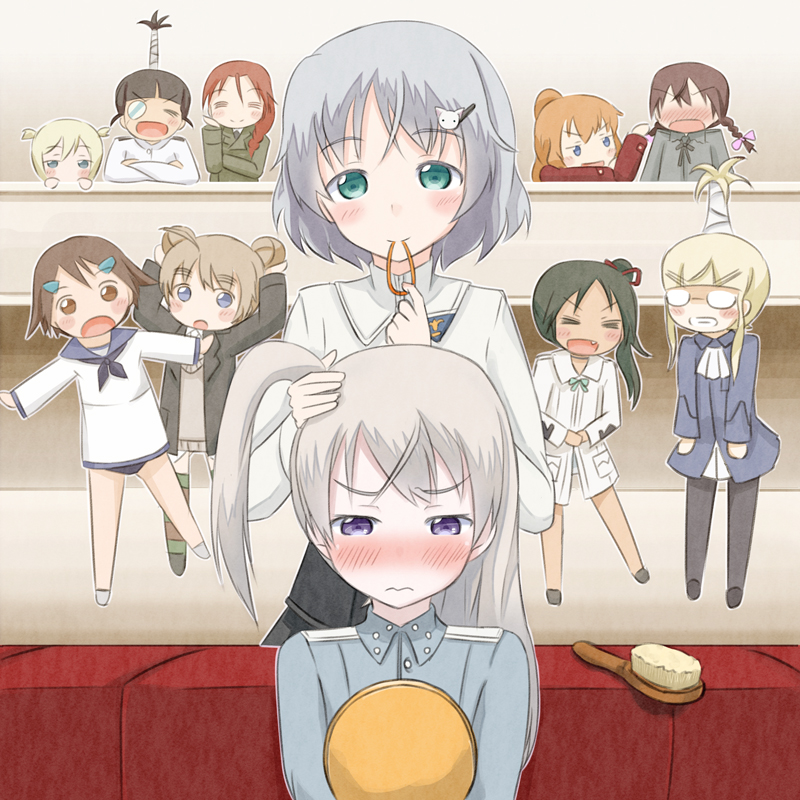 501st_joint_fighter_wing, 6+girls, adjusting_hair, alternate_hairstyle, black_hair, blonde_hair, blue_eyes, blush