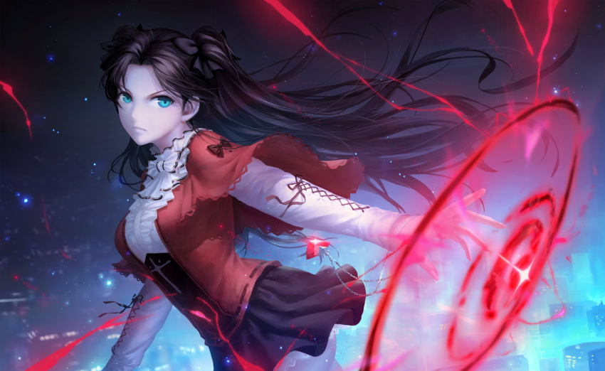 1girl, brown_hair, cangkong, fate/stay_night, fate_(series), gem, green_eyes, highres