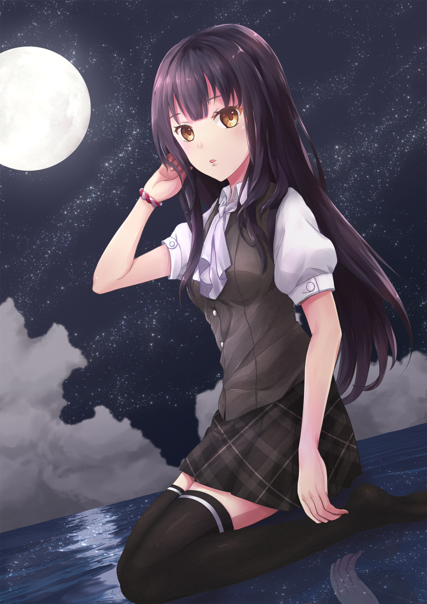 1girl, black_hair, chaou, character_request, copyright_request, full_moon, hand_in_hair, highres