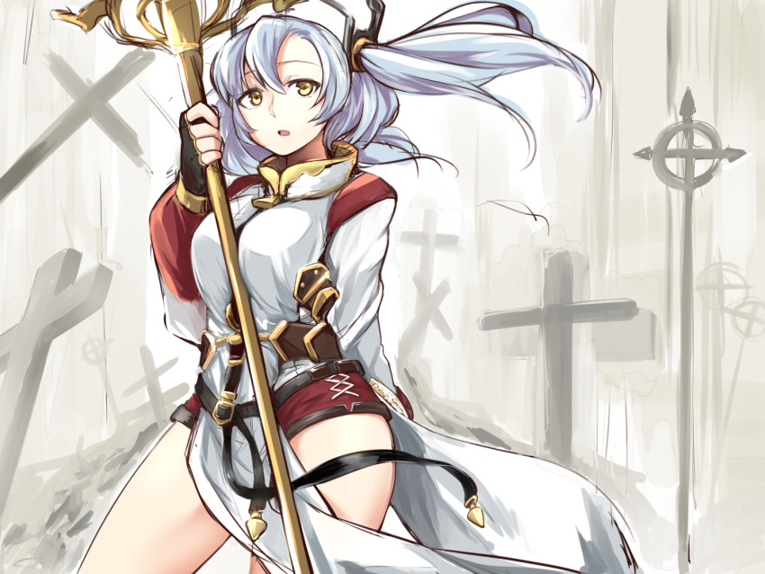 1girl, belt, blue_hair, breasts, character_request, cross, fingerless_gloves, gloves