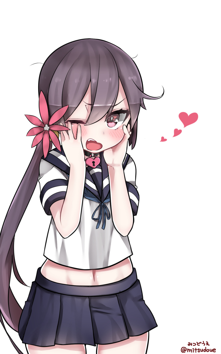 >:o, 1girl, :o, akebono_(kantai_collection), blush, choker, cowboy_shot, flower