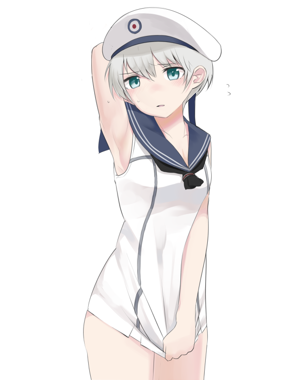 1girl, arm_behind_head, arm_up, blue_eyes, blush, flying_sweatdrops, fujibejifu, hat