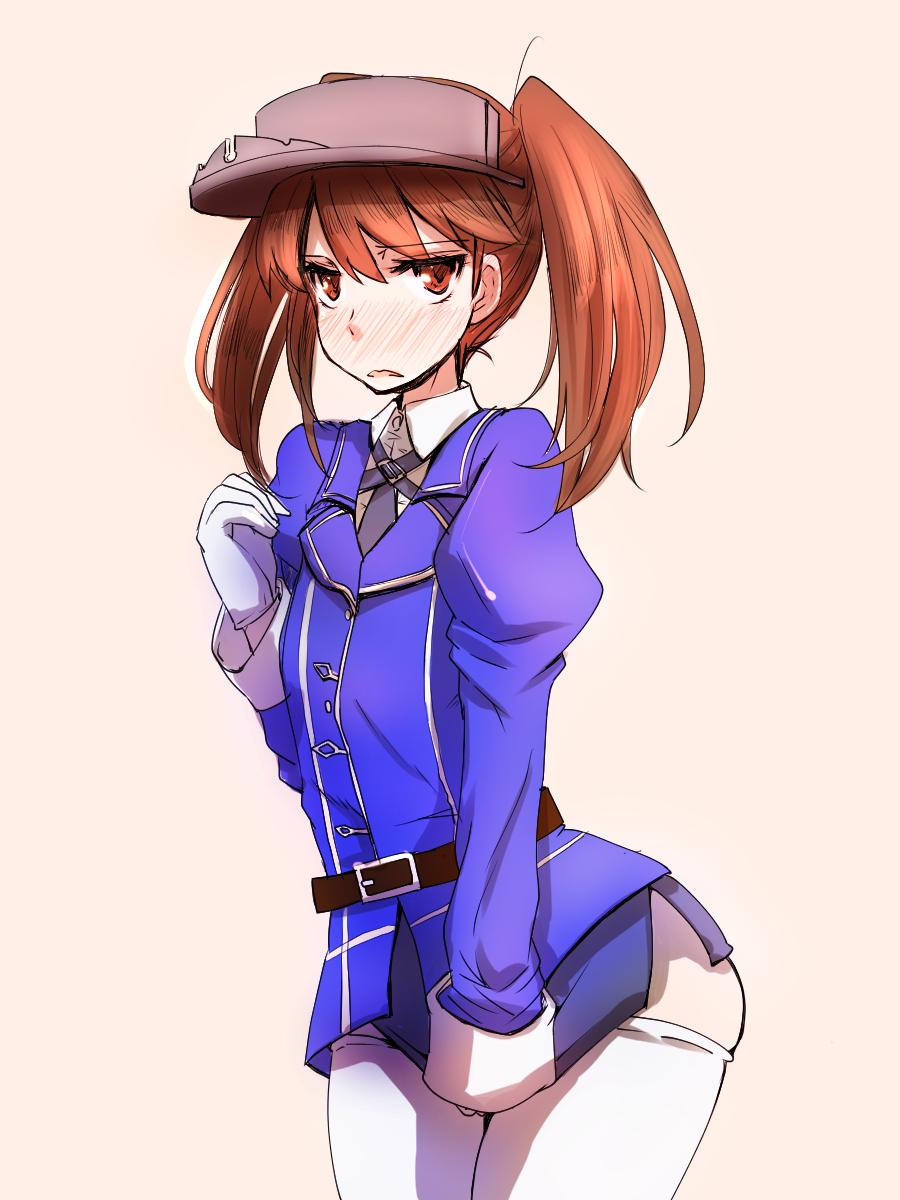 1girl, belt, blue_jacket, blue_skirt, blush, brown_eyes, brown_hair, commentary_request, cosplay, dearmybrothers, flat_gaze, gloves, haguro_(kantai_collection), haguro_(kantai_collection)_(cosplay), hair_between_eyes, highres, jacket, jitome, kantai_collection, long_hair, looking_at_viewer, miniskirt, necktie, open_mouth, pantyhose, ryuujou_(kantai_collection), skirt, skirt_tug, solo, thigh-highs, thighhighs_over_pantyhose, twintails, visor_cap, white_blouse, white_gloves, white_legwear