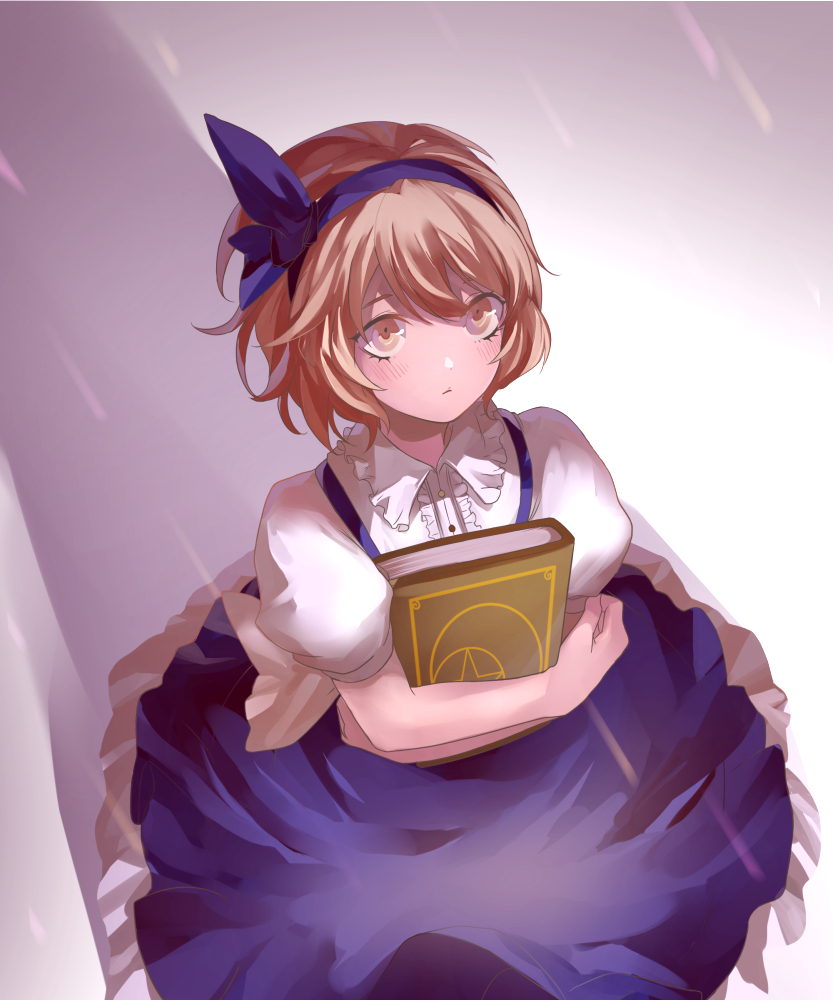 1girl, alice_margatroid, alice_margatroid_(pc-98), blonde_hair, blue_dress, blush, book, crescent_moon