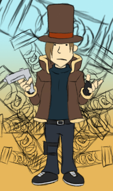 1boy, brown_hair, fingerless_gloves, gloves, gun, handgun, hat, hershel_layton, leon_s_kennedy, leon_s_kennedy_(cosplay), professor_layton, resident_evil, resident_evil_4, top_hat, weapon