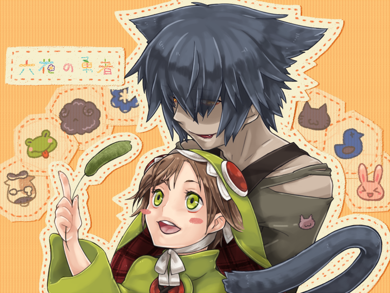 1boy, 1girl, 24a, animal_ears, bangs, brown_hair, cat_ears, cat_tail, chamo_rosso, copyright_name, green_eyes, hair_over_eyes, hans_humpty, rokka_no_yuusha, short_hair, tail