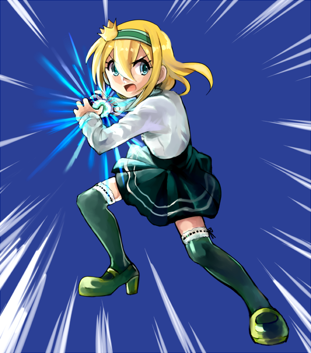147, blonde_hair, blue_eyes, crown, green_legwear, hairband, high_heels, inazuma_eleven_(series), inazuma_eleven_go, long_hair, mini_crown, nakame_shiori, open_mouth, skirt, thigh-highs, zettai_ryouiki
