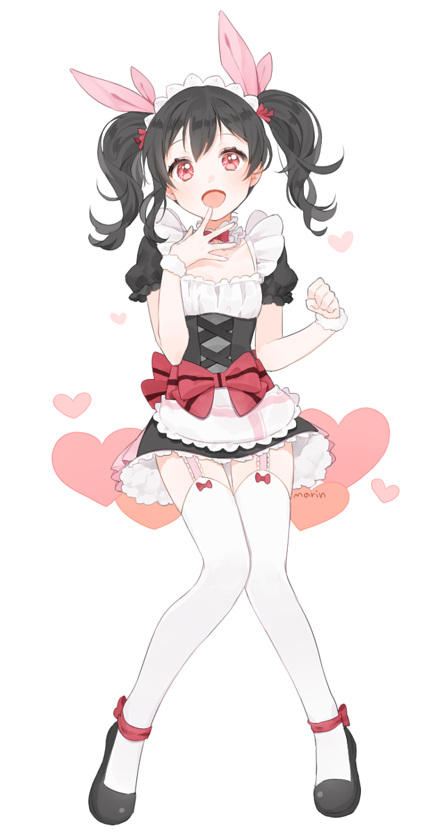 1girl, :d, apron, black_hair, blush, bow, garter_straps, hair_ribbon