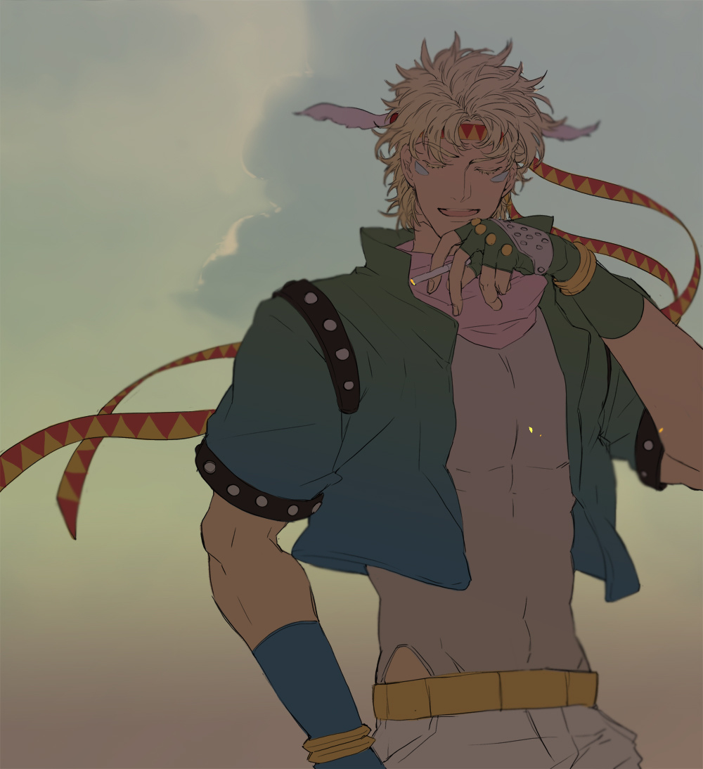 1boy, au_(accounting2), blonde_hair, caesar_anthonio_zeppeli, cigarette, facial_mark, green_jacket, headband, jacket, jojo_no_kimyou_na_bouken, sky, solo