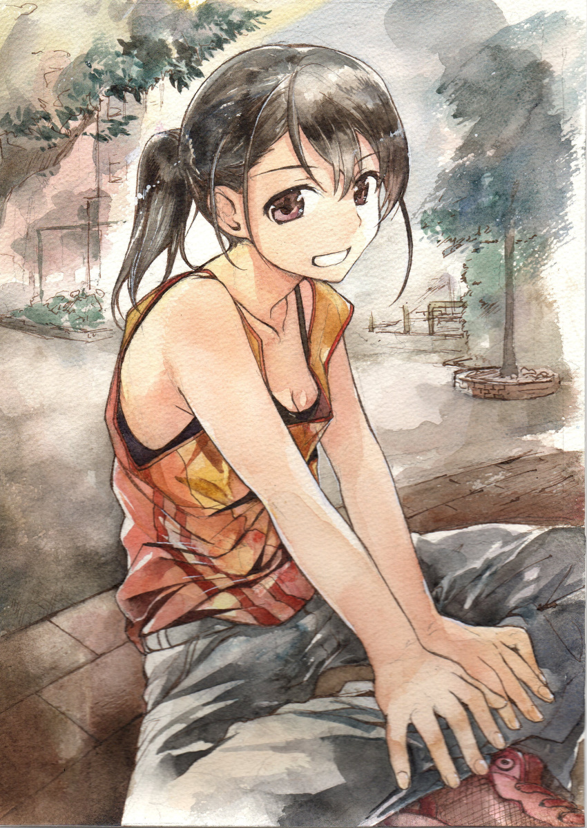 1044kiro, 1girl, absurdres, armpits, black_hair, collarbone, denim, graphite_(medium)