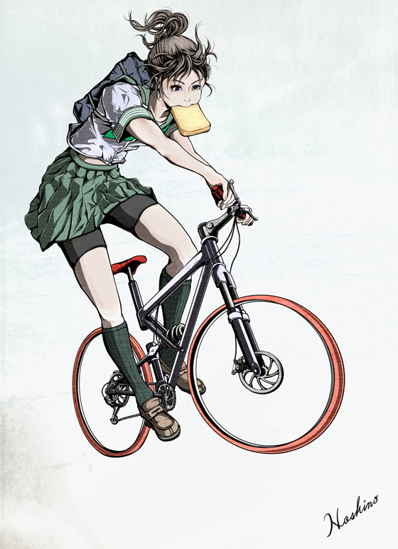 1girl, artist_name, bicycle, bike_shorts, brown_hair, brown_shoes, commentary_request, food_in_mouth