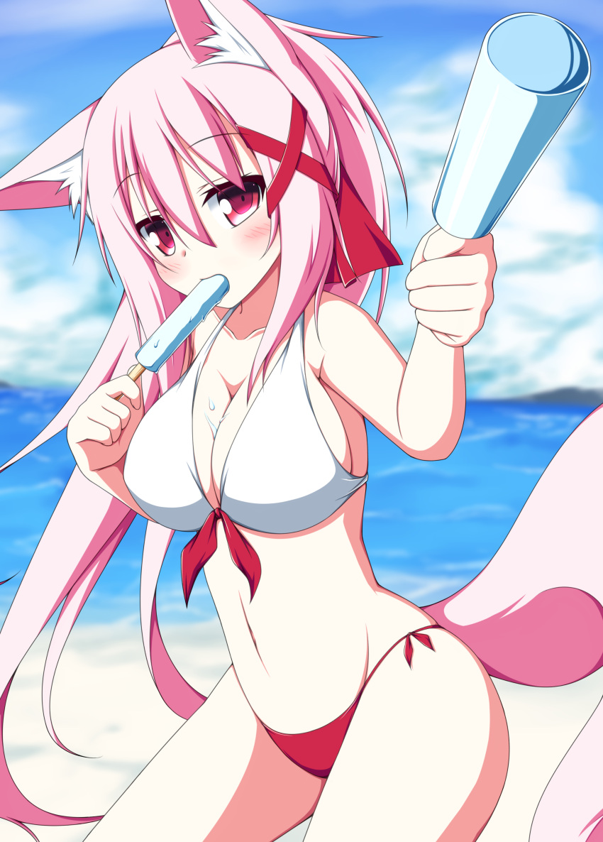 1girl, absurdres, animal_ears, beach, bikini_lift, blue_sky, breasts, cleavage, clouds, fox_ears, fox_tail, hair_ribbon, highres, kazamatsuri_kazari, large_breasts, long_hair, looking_at_viewer, mizuki_(kogetsu-tei), navel, original, pink_eyes, popsicle, ribbon, sexually_suggestive, sky, solo, spill, tail, very_long_hair