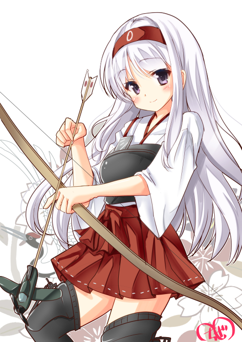 arrow, boots, bow_(weapon), chize, hairband, kantai_collection, long_hair, shoukaku_(kantai_collection)