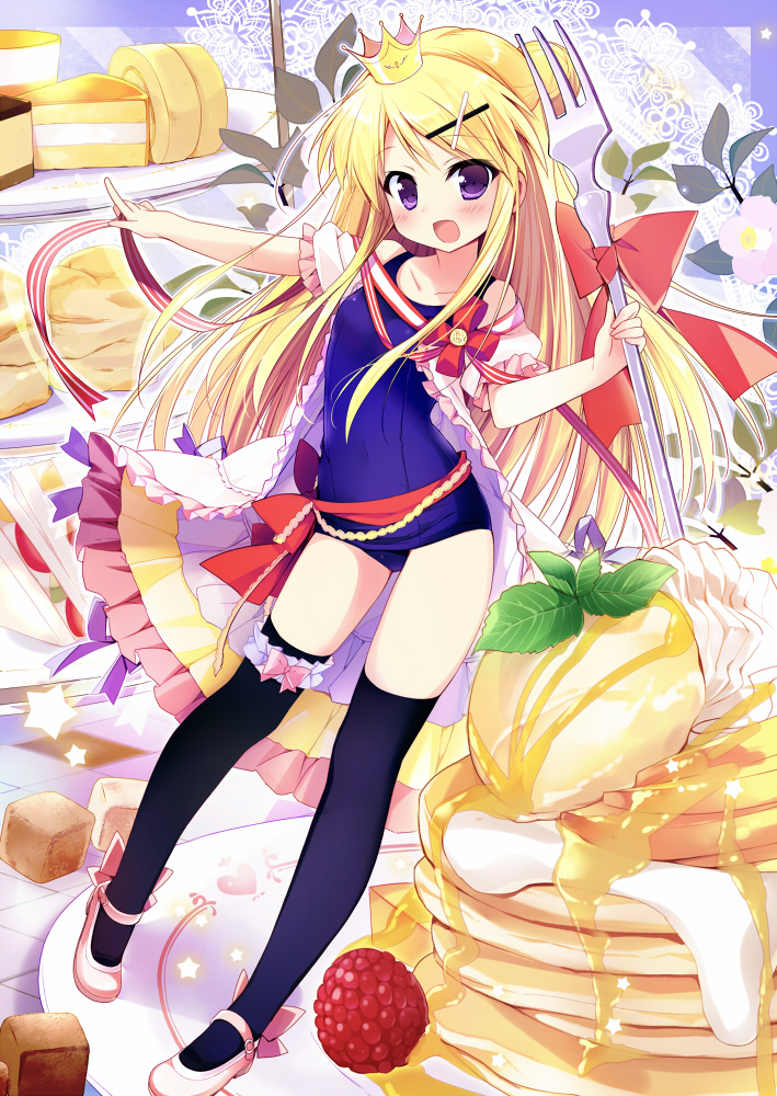 1girl, :d, black_legwear, blonde_hair, blush, bow, cake, crown