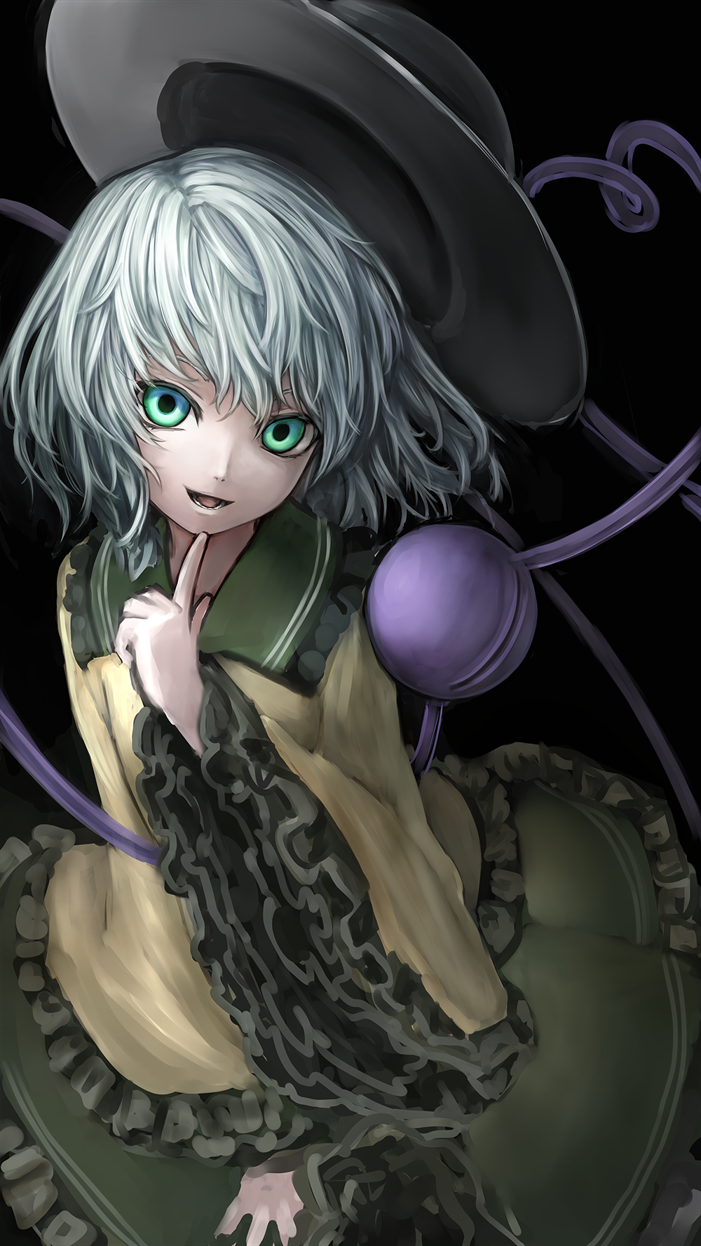 1girl, finger_to_chin, green_eyes, hat, highres, komeiji_koishi, long_sleeves, looking_at_viewer