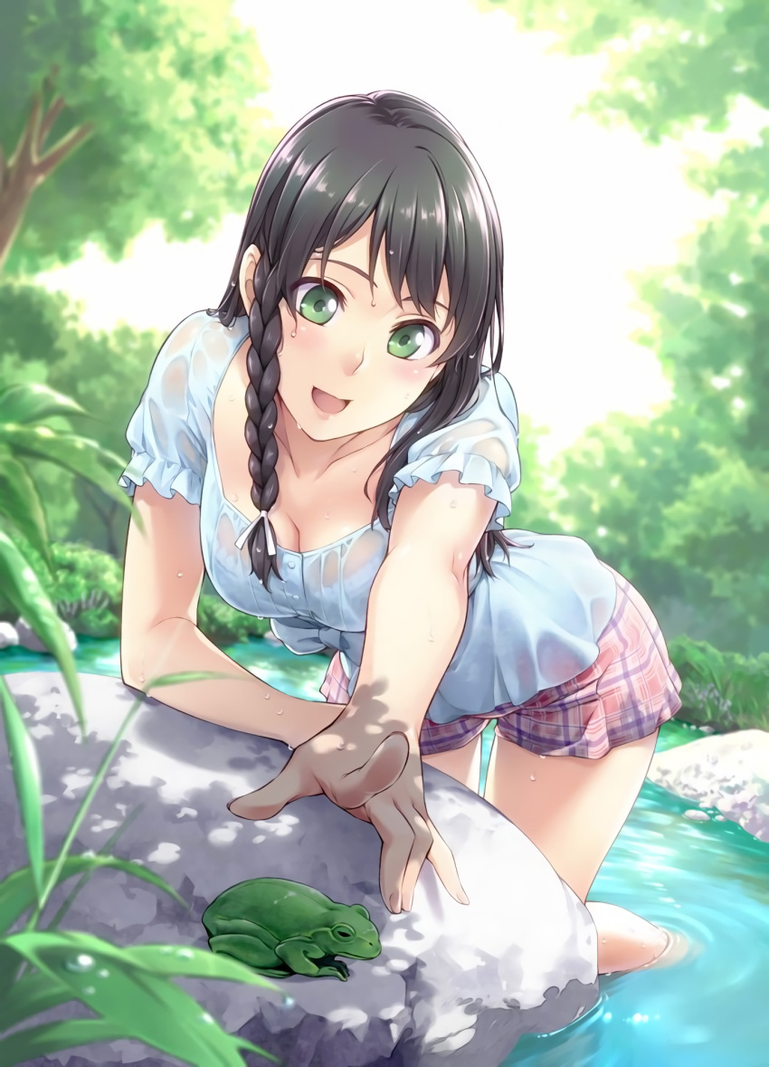 1girl, black_hair, bra, breasts, cleavage, green_eyes, hairband, highres
