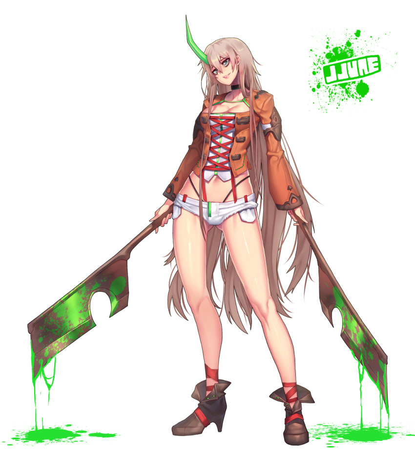 1girl, black_panties, blonde_hair, blood, bloody_weapon, breasts, cleavage, corset