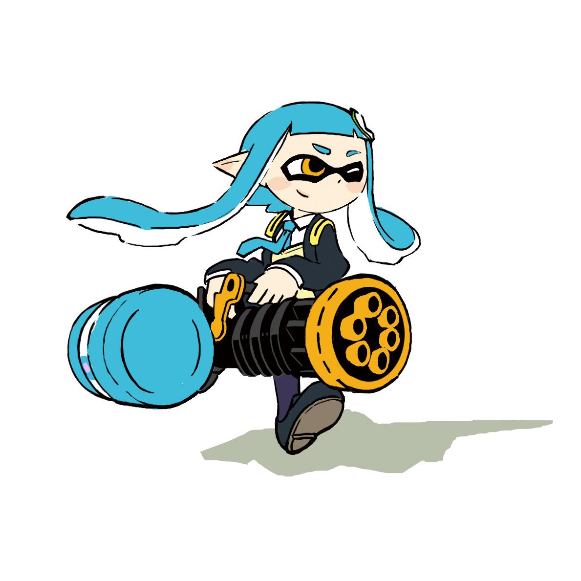 >_o, 1girl, blue_hair, blush_stickers, chikuwabu, domino_mask, eyebrows, gatling_gun
