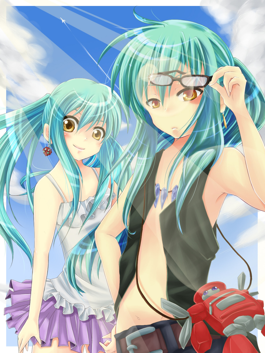 artist_colorb05, az_(colorb05), belt, blue_hair, brother_and_sister, camisole, dress, earrings